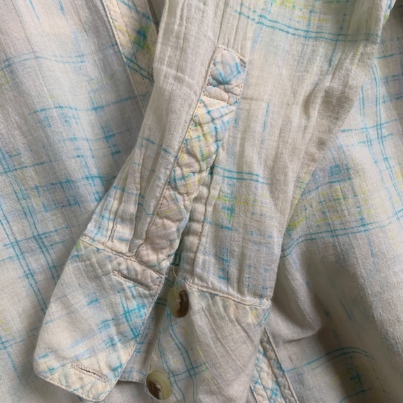 Free People Shore Vibes Lemon Yellow and Blue Plaid Sheer Beachy Shirt M - Picture 5 of 11